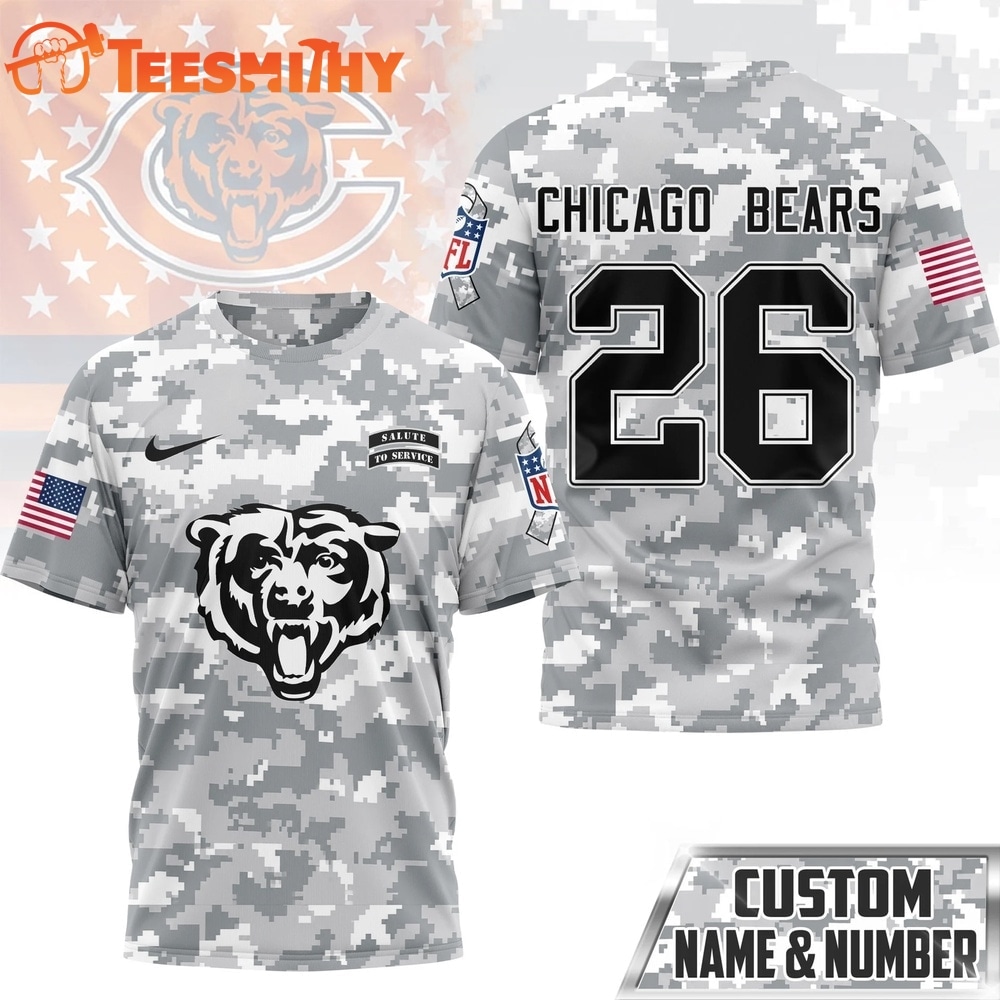 Chicago Bears NFL Salute to Service Custom Name & Number Camo 3D Shirt