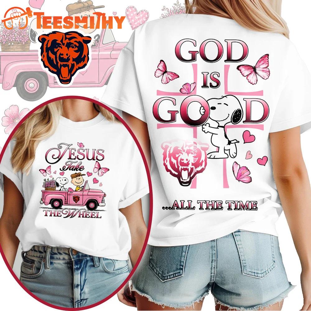 Chicago Bears NFL Snoopy Jesus Take The Wheel God Is Good 3D Shirt