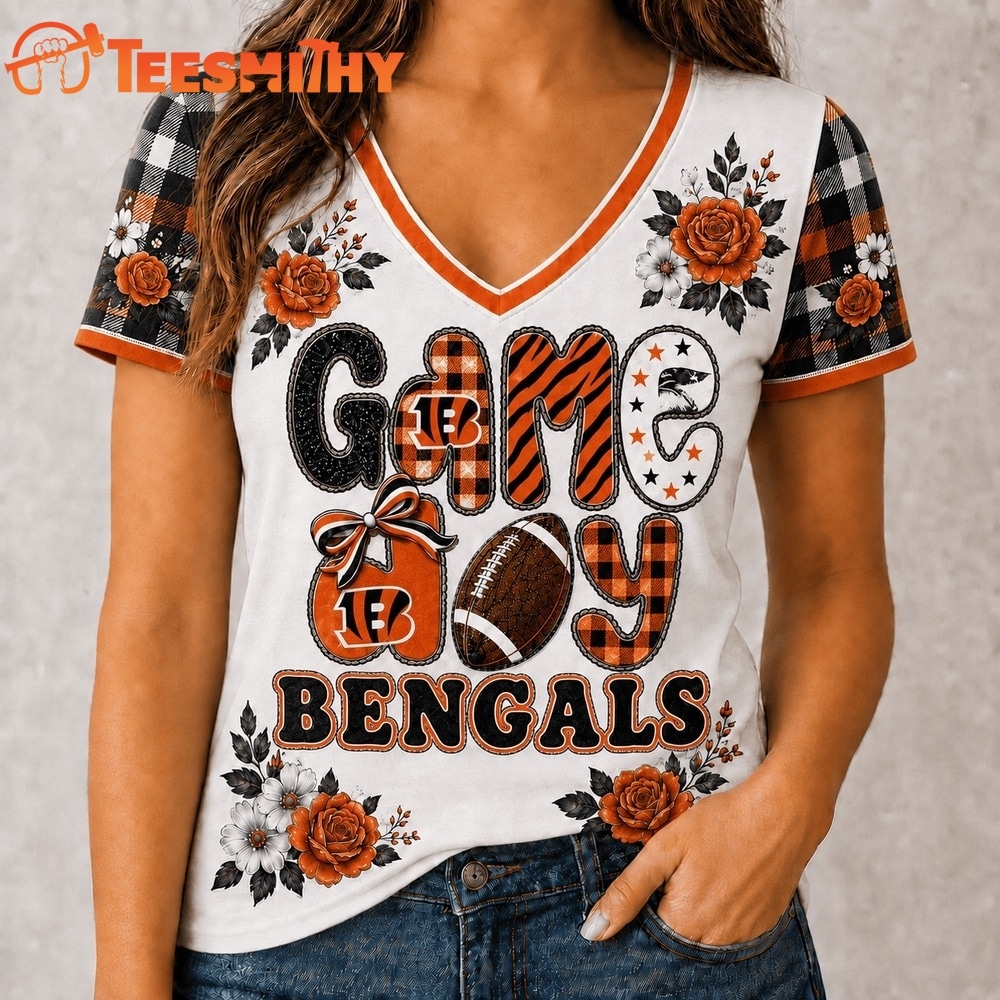 Cincinnati Bengals NFL Football Flowers Team Pride V Neck T Shirt