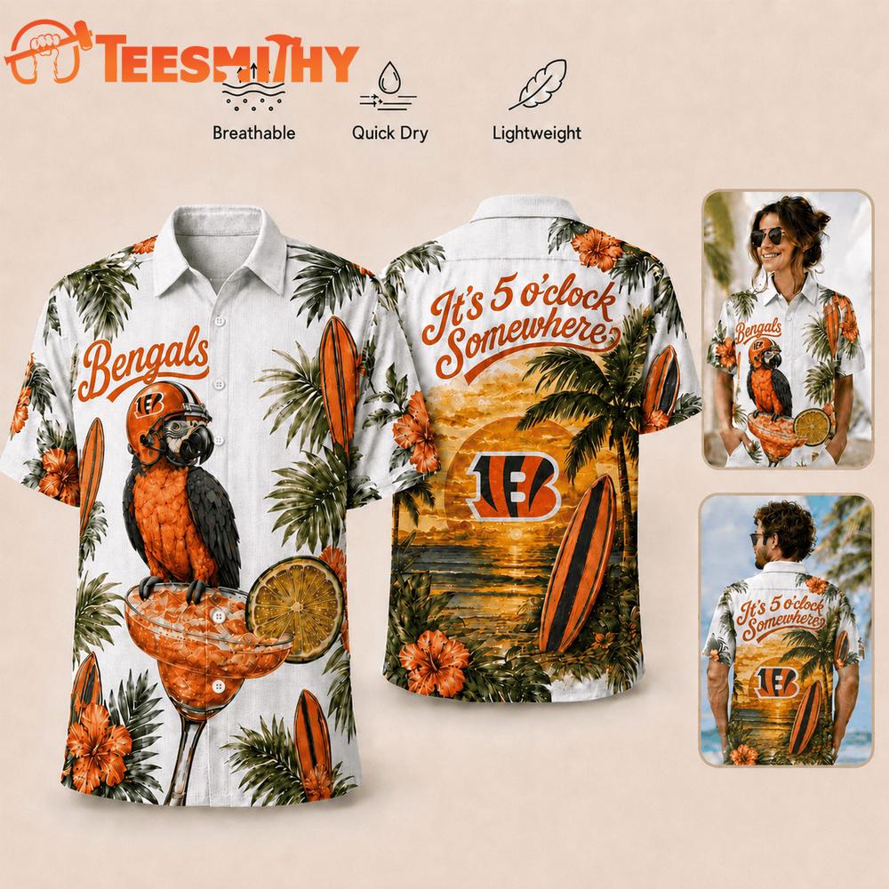 Cincinnati Bengals NFL It's 5 O'clock Somewhere Button Up Tropical Parrot Hawaiian Shirt