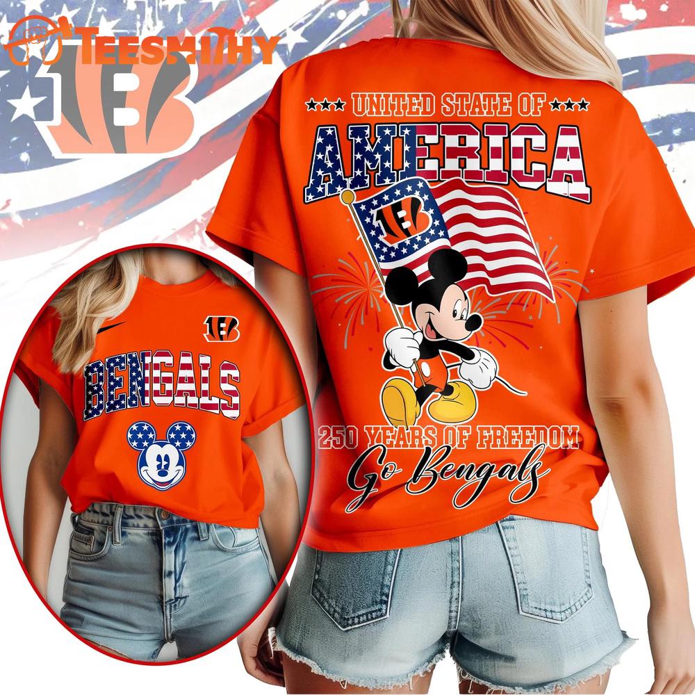 Cincinnati Bengals NFL Mickey America Flag Freedom 250 Years 3D T Shirt