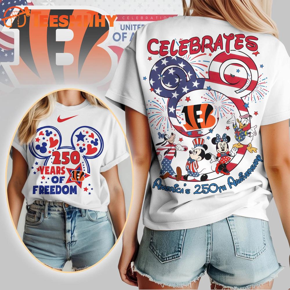 Cincinnati Bengals NFL Mickey Celebrates America 250th Anniversary All Over Print T Shirt