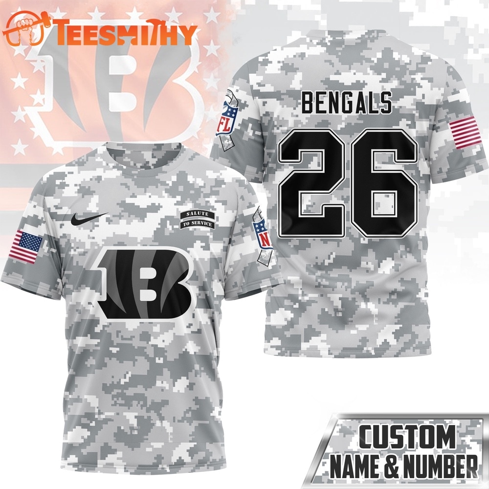 Cincinnati Bengals NFL Salute to Service Custom Name & Number Camo 3D Shirt