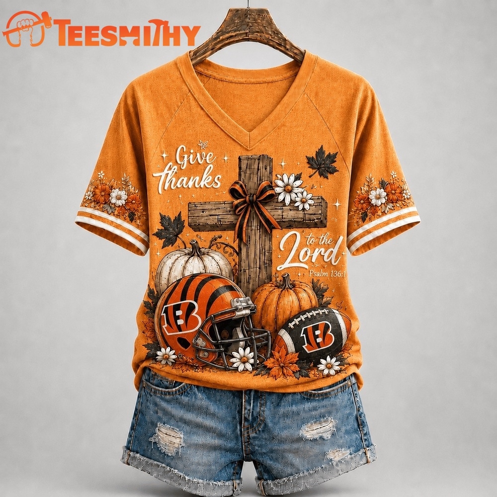 Cincinnati Bengals NFL Thanksgiving Faith And Football V Neck T Shirt