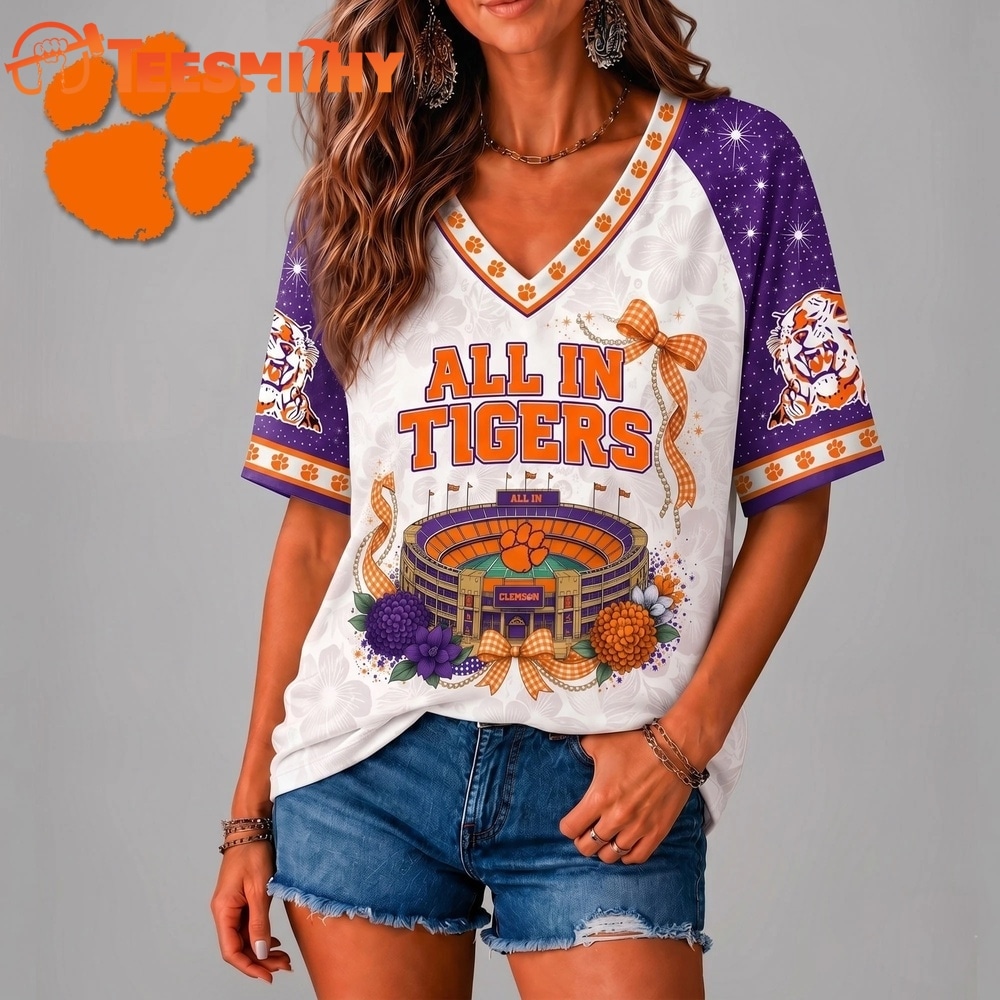 Clemson Tigers NCAA Floral Stadium Bow V Neck 3D T Shirt