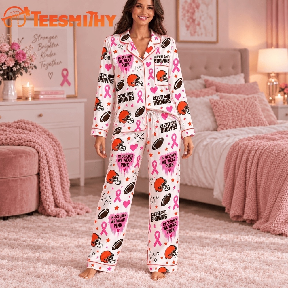 Cleveland Browns NFL Breast Cancer Pink Ribbon Long Sleeve Pajamas Set