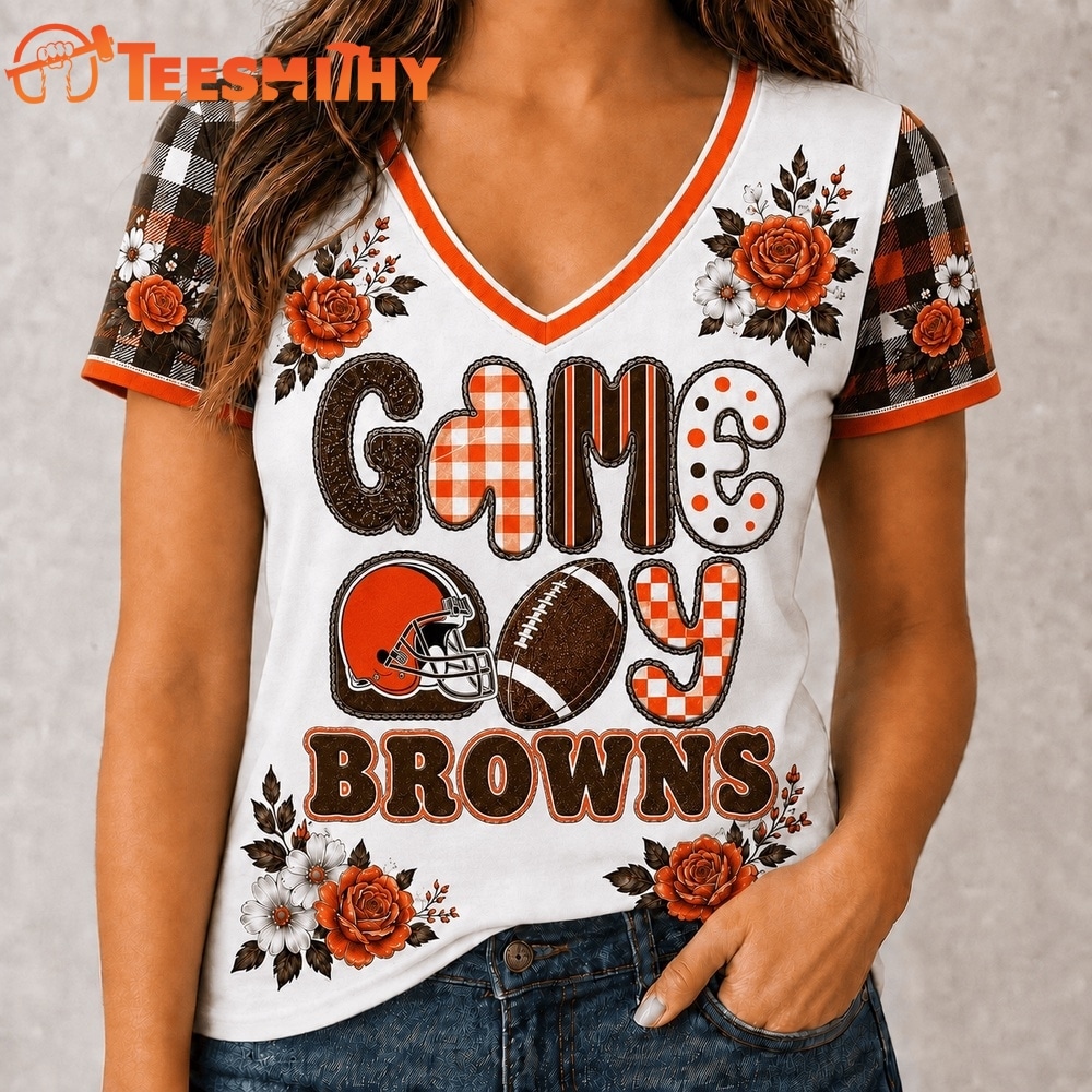 Cleveland Browns NFL Football Flowers Team Pride V Neck T Shirt