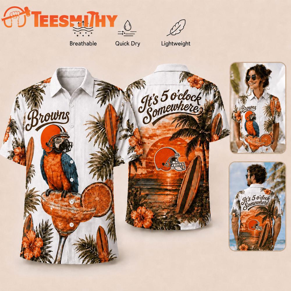 Cleveland Browns NFL It's 5 O'clock Somewhere Button Up Tropical Parrot Hawaiian Shirt