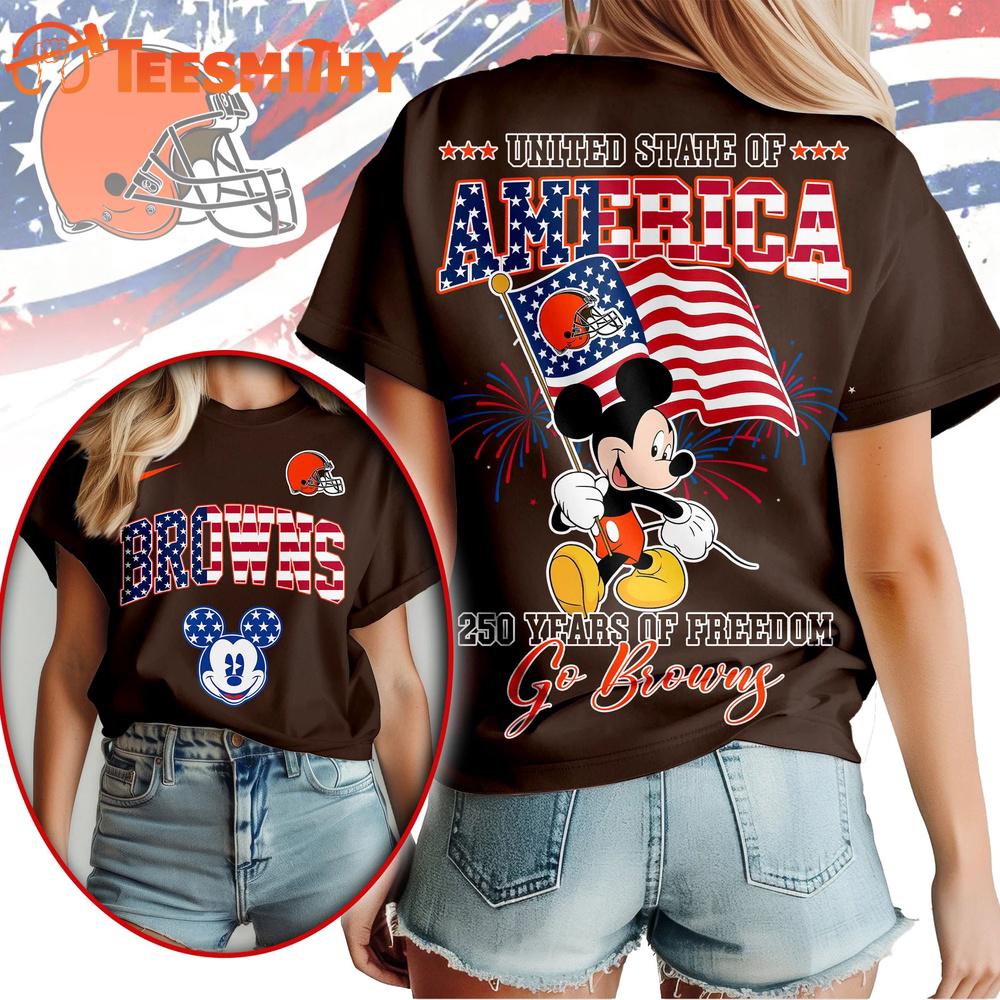 Cleveland Browns NFL Mickey America Flag Freedom 250 Years 3D T Shirt