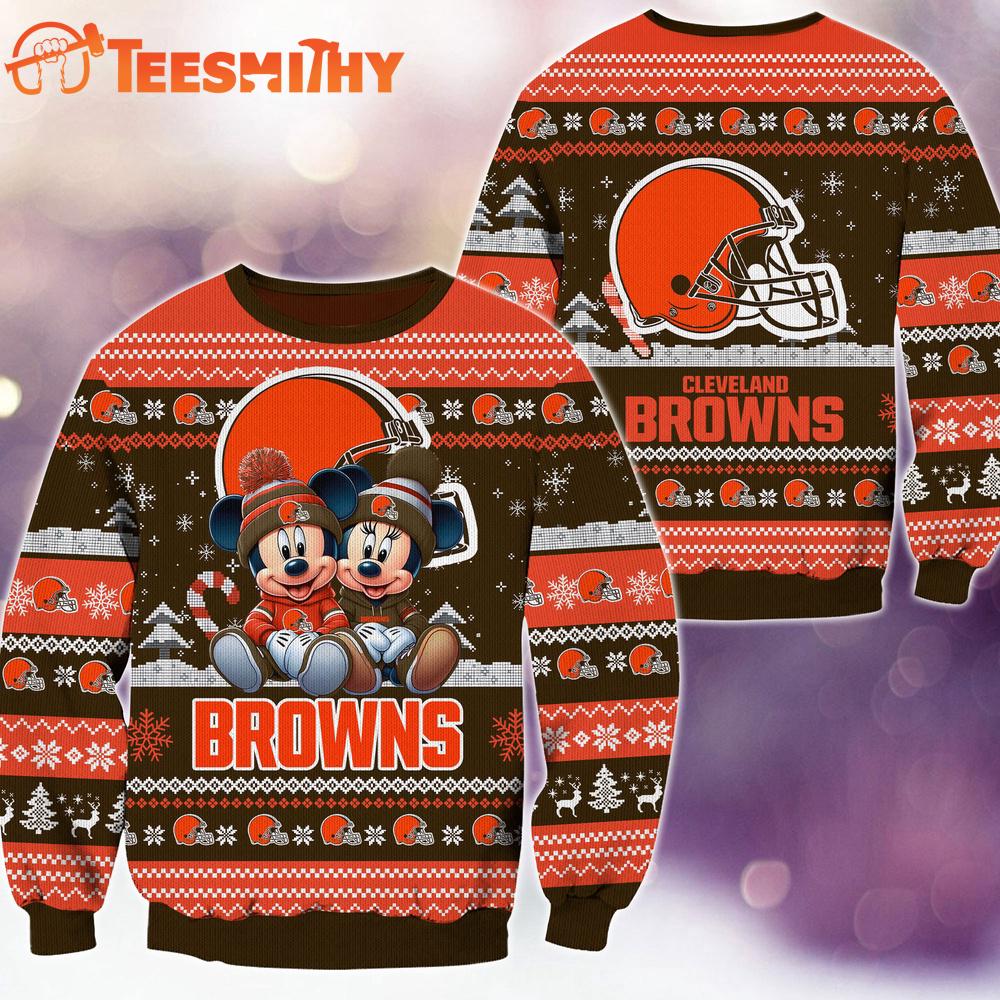 Cleveland Browns NFL Mickey Minnie Ugly Christmas Sweater Cleveland Browns NFL Mickey Minnie Ugly Christmas Sweater