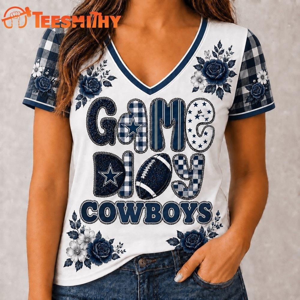 Dallas Cowboys NFL Football Flowers Team Pride V Neck T Shirt