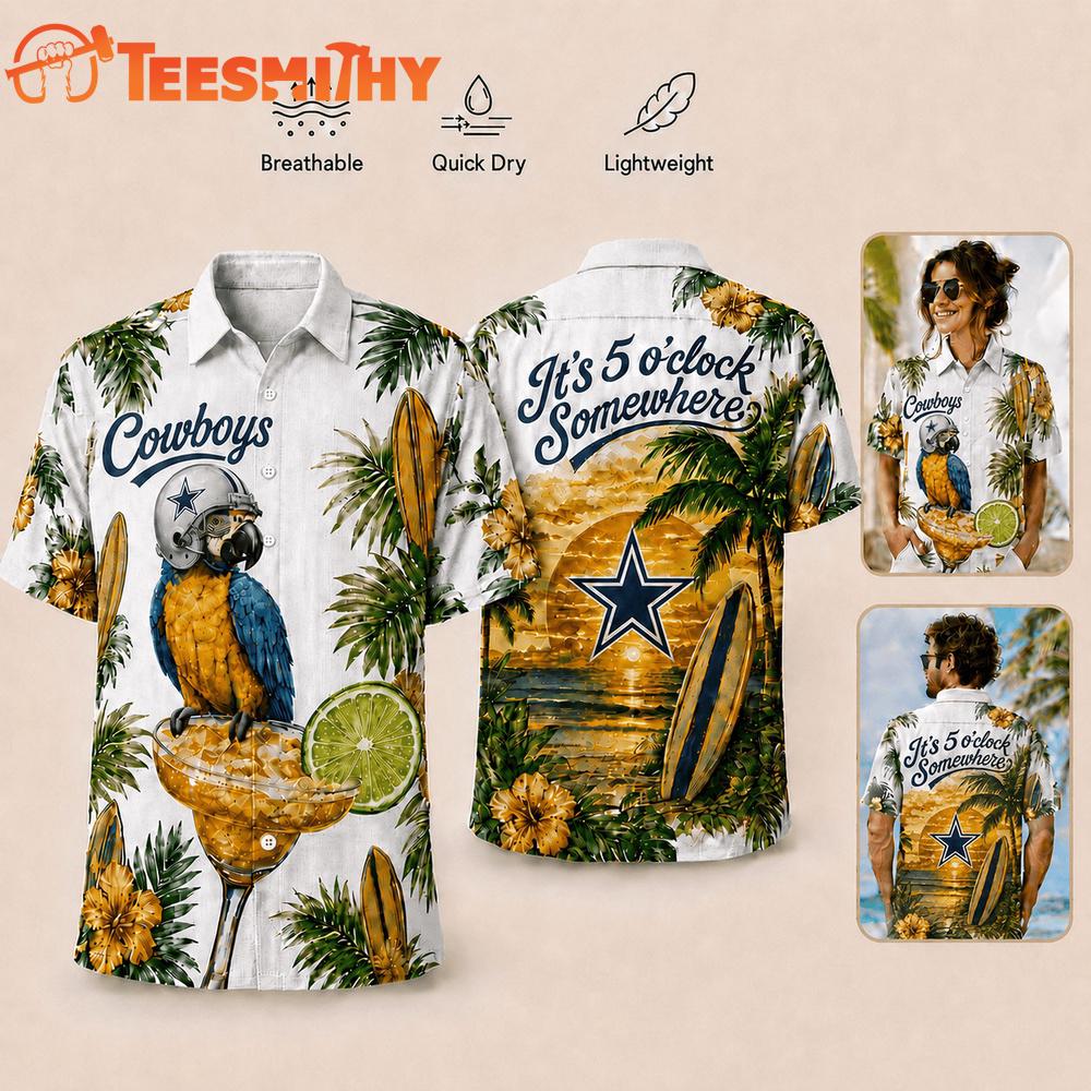 Dallas Cowboys NFL It's 5 O'clock Somewhere Button Up Tropical Parrot Hawaiian Shirt