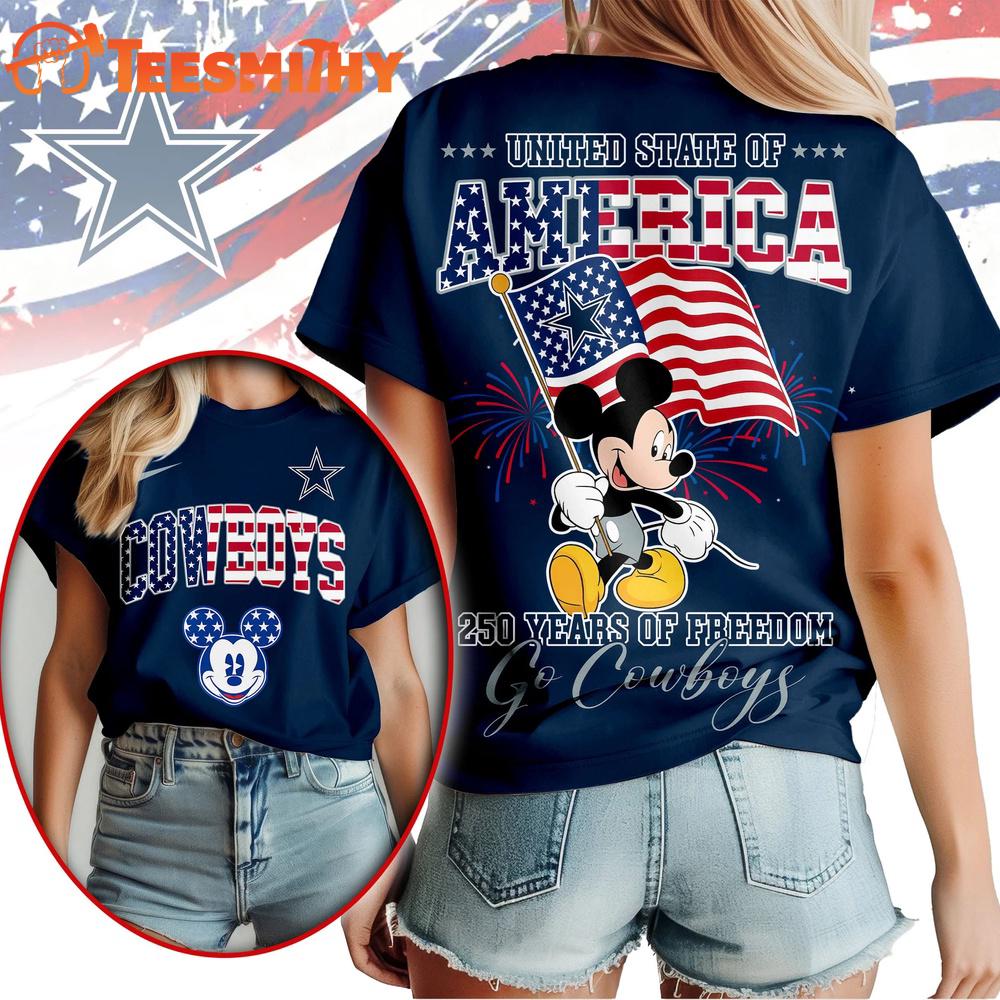 Dallas Cowboys NFL Mickey America Flag Freedom 250 Years 3D T Shirt
