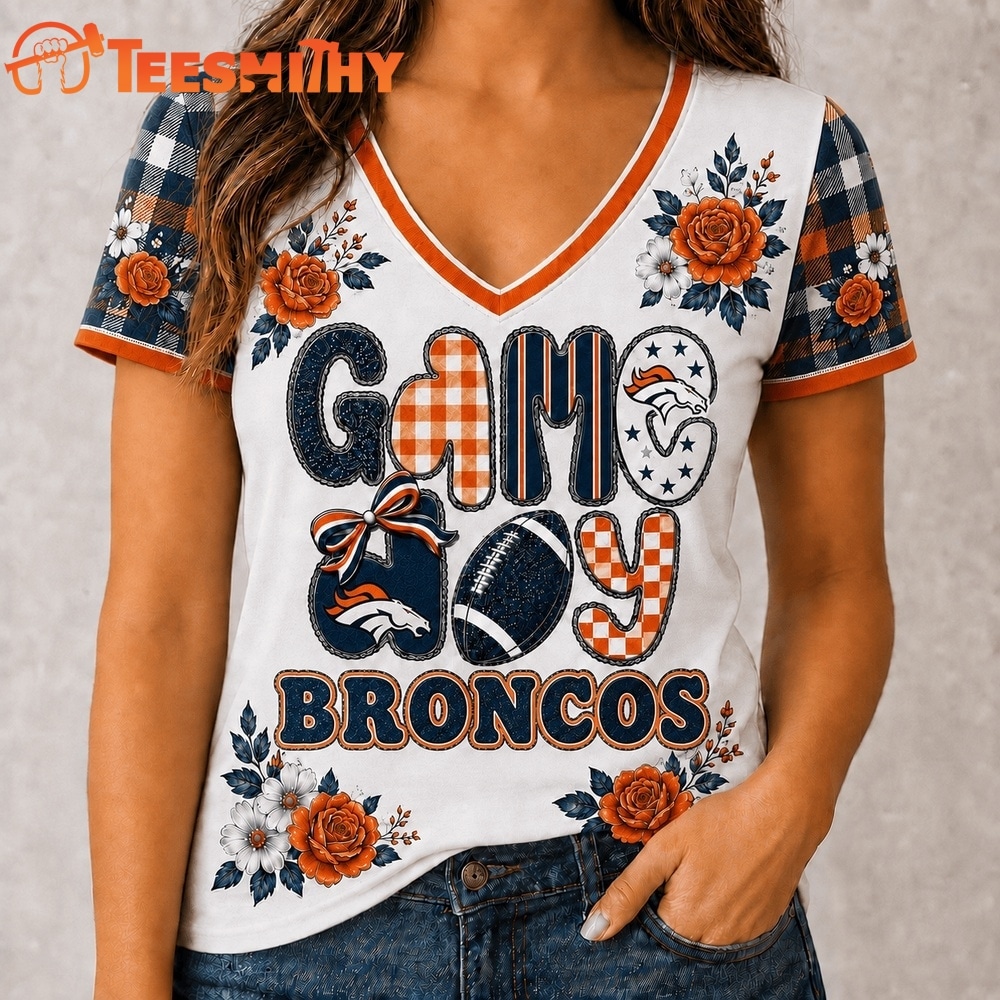 Denver Broncos NFL Football Flowers Team Pride V Neck T Shirt