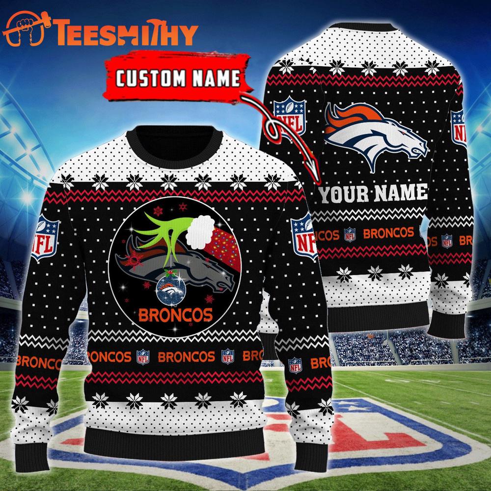 Denver Broncos NFL Grinch Hands Personalized Ugly Christmas Sweater