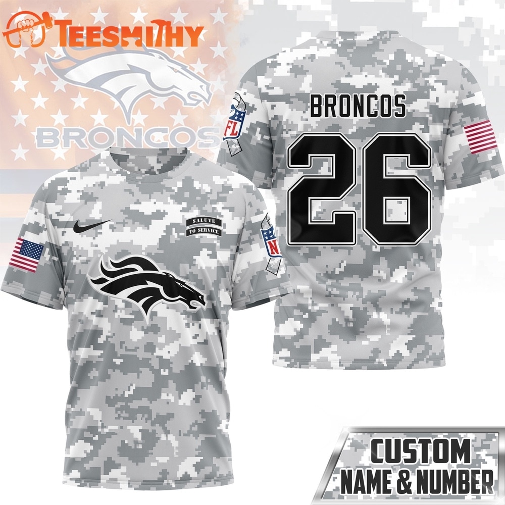 Denver Broncos NFL Salute to Service Custom Name & Number Camo 3D Shirt