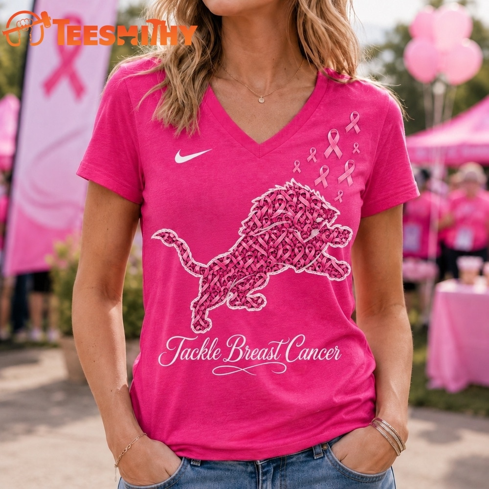 Detroit Lions 2026 NFL Tackle Breast Cancer V neck T Shirt