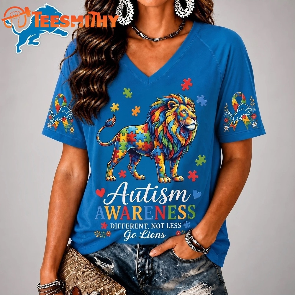 Detroit Lions NFL Different, Not Less Autism Awareness V neck T Shirt