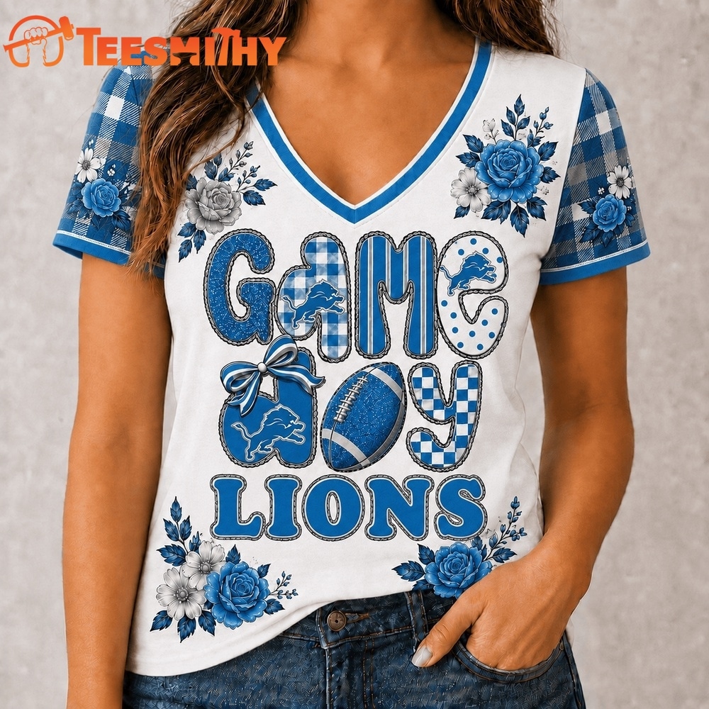 Detroit Lions NFL Football Flowers Team Pride V Neck T Shirt