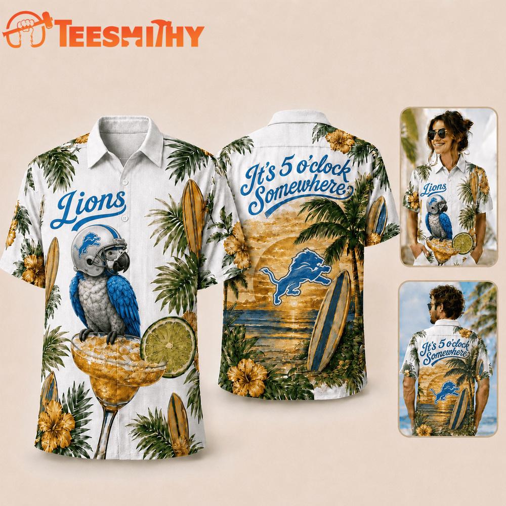 Detroit Lions NFL It's 5 O'clock Somewhere Button Up Tropical Parrot Hawaiian Shirt