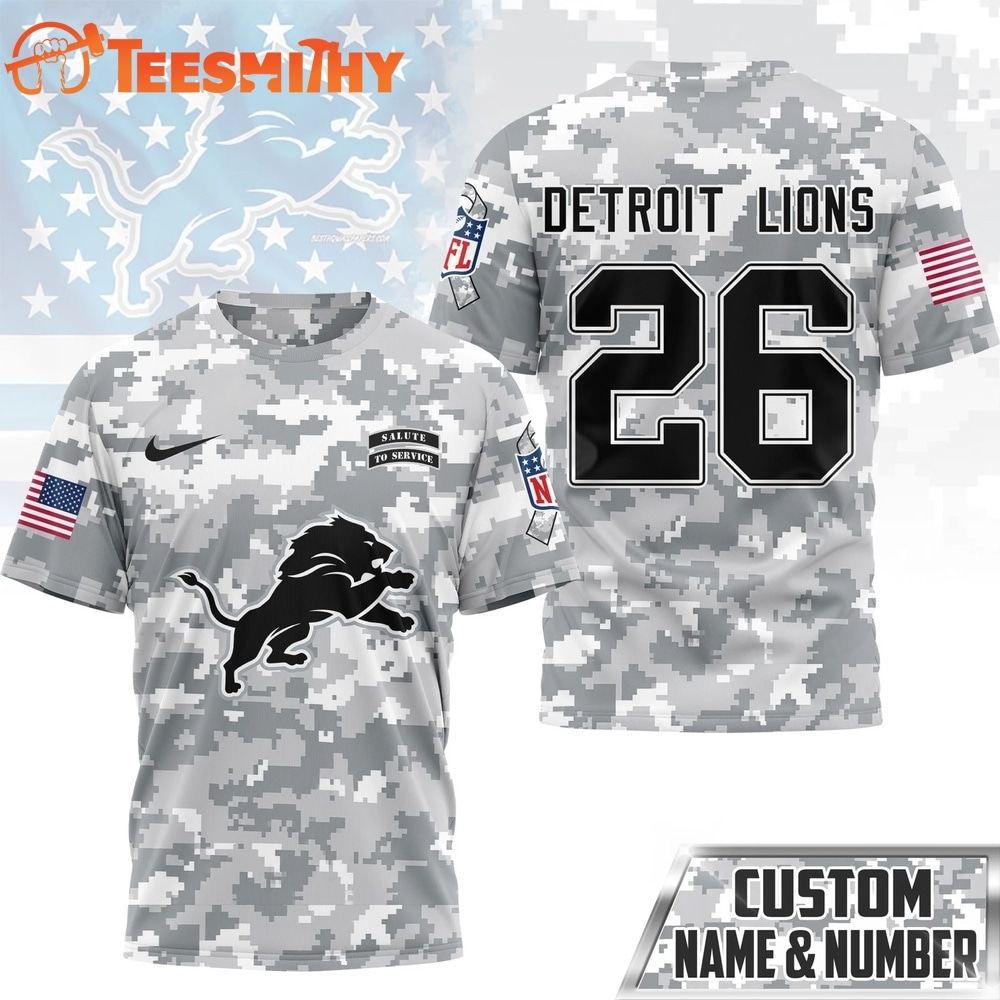 Detroit Lions NFL Salute to Service Custom Name & Number Camo 3D Shirt