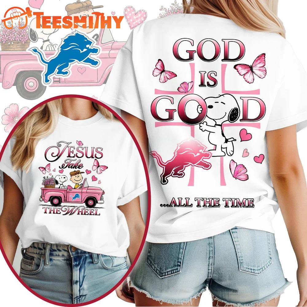 Detroit Lions NFL Snoopy Jesus Take The Wheel God Is Good 3D Shirt