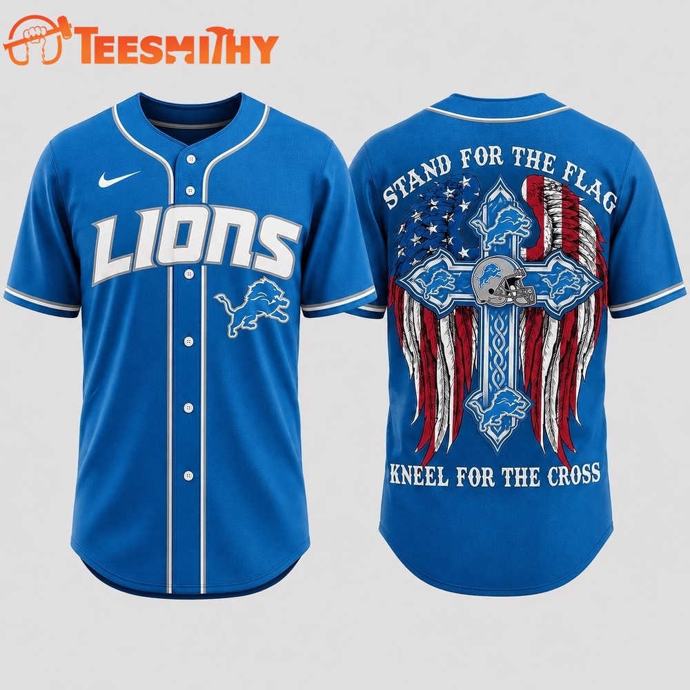 Detroit Lions NFL Stand For The Flag Kneel For The Cross Baseball Jersey Shirt