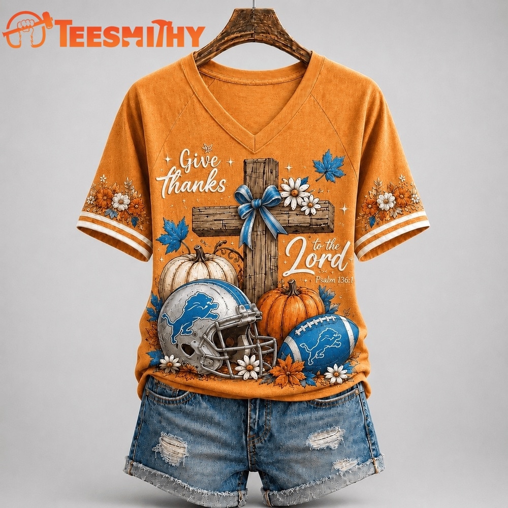 Detroit Lions NFL Thanksgiving Faith And Football V Neck T Shirt