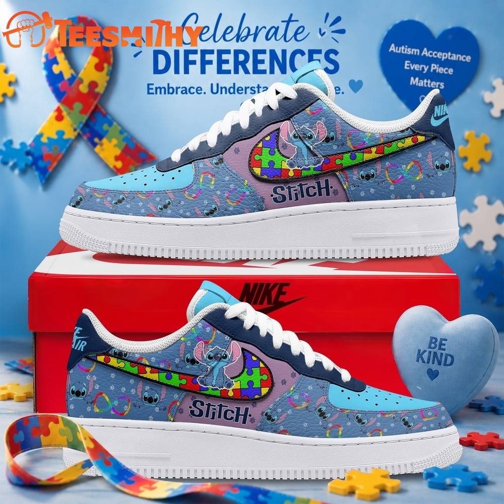 Disney Stitch Autism Awareness Custom Air Force 1 Shoes, Puzzle Piece Graphic Sneakers