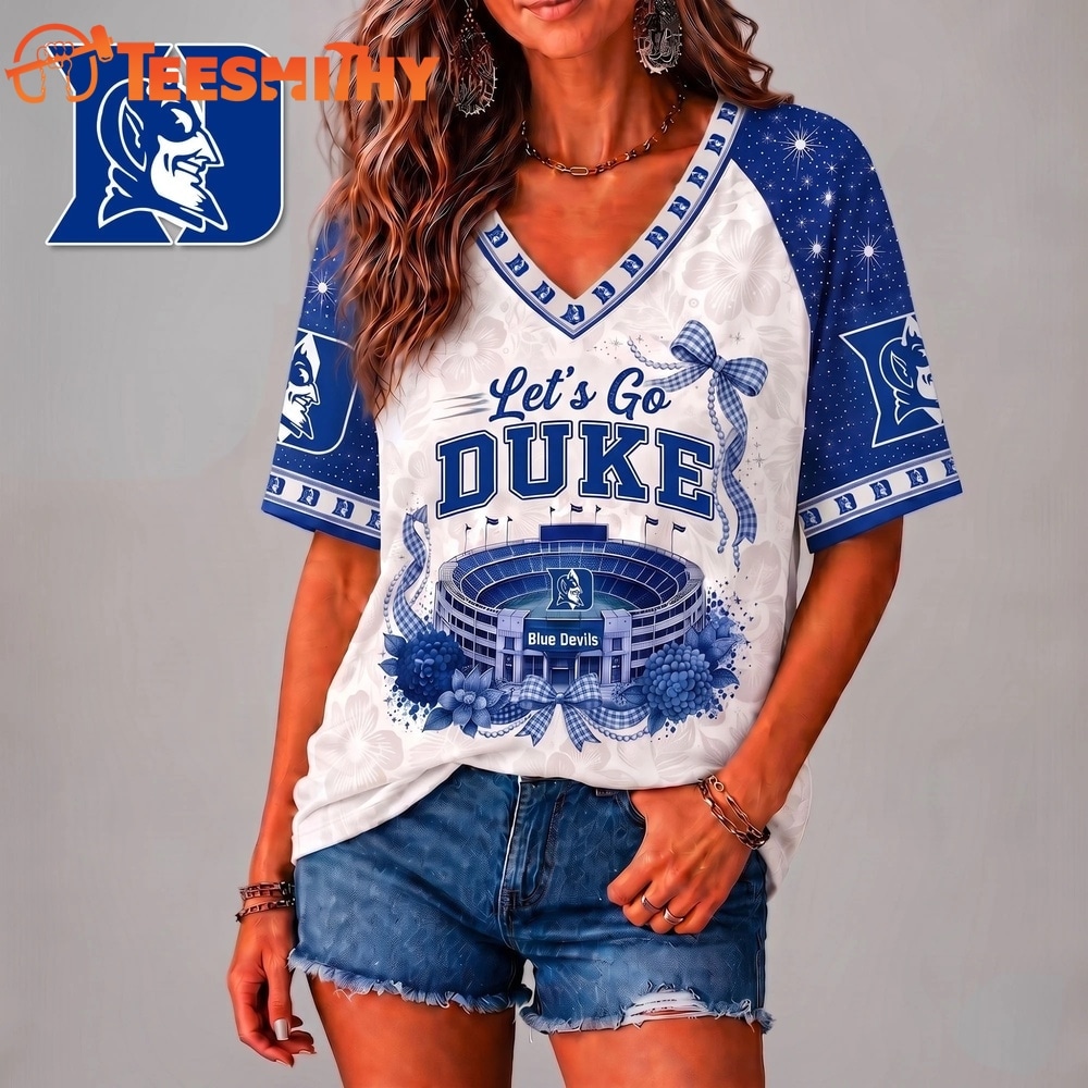Duke Blue Devils NCAA Floral Stadium Bow V Neck 3D T Shirt
