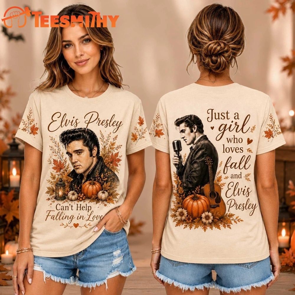 Elvis Presley Autumn Leaves Pumpkin Vintage Portrait Unisex 3D Shirt
