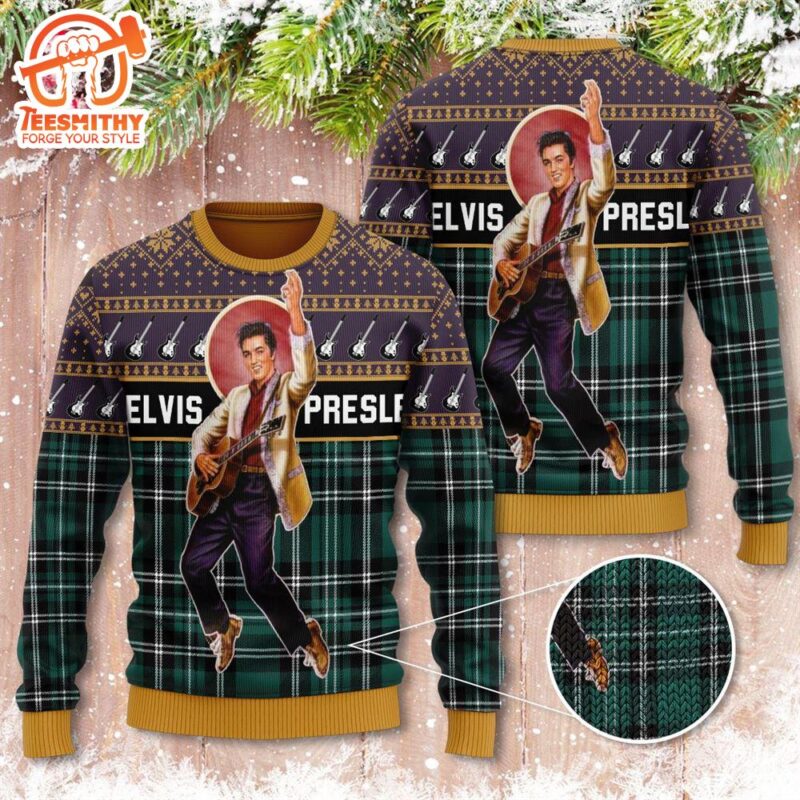 Elvis Presley Belt Buckle Sign With Rhinestone - Ugly Christmas Sweater