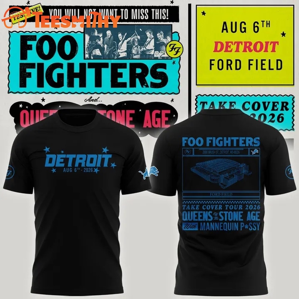 Exclusive Version Detroit Lions x Foo Fighters 2026 Black T Shirt