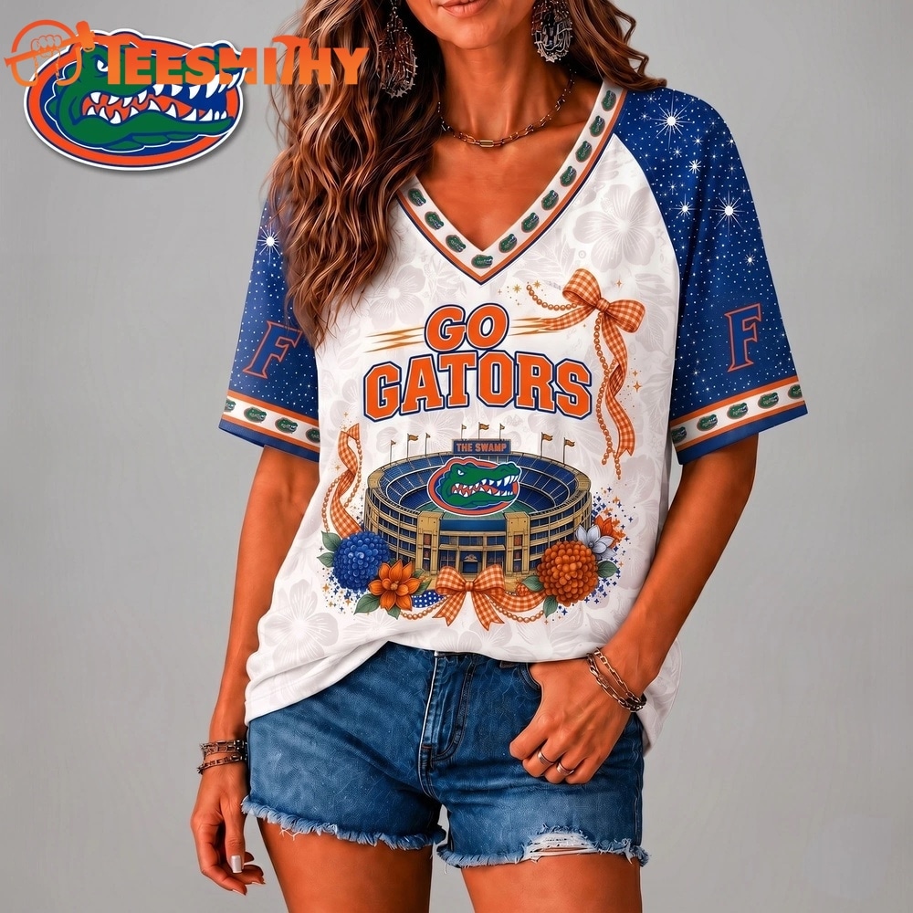 Florida Gators NCAA Floral Stadium Bow V Neck 3D T Shirt