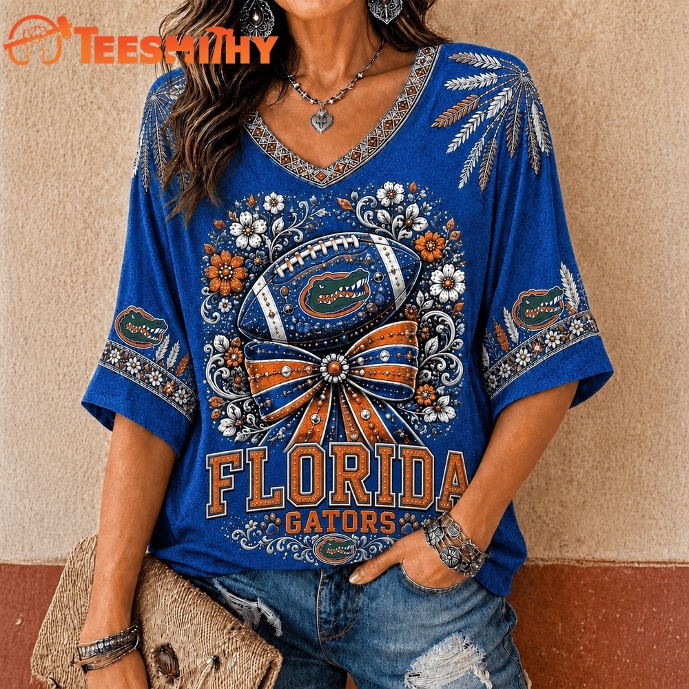 Florida Gators NCAA Vintage Floral Bow V Neck T Shirt