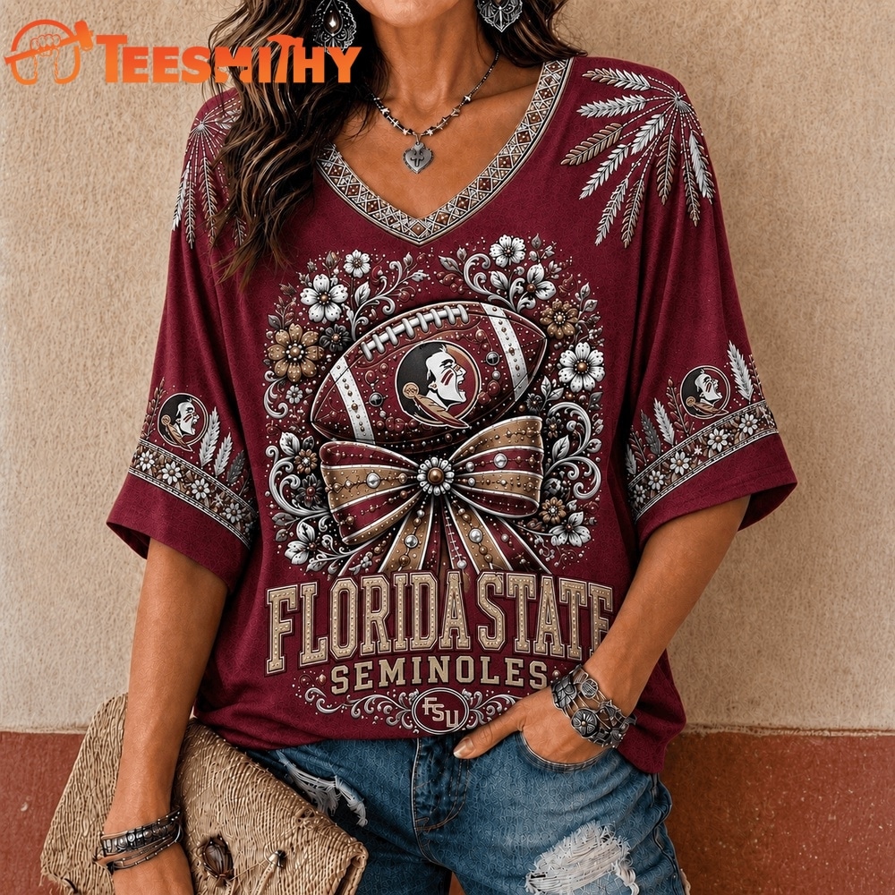 Florida State Seminoles NCAA Vintage Floral Bow V Neck T Shirt