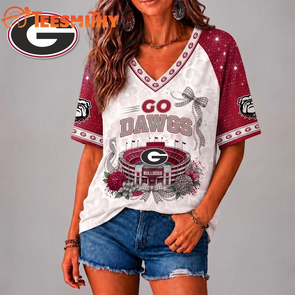 Georgia Bulldogs NCAA Floral Stadium Bow V Neck 3D T Shirt