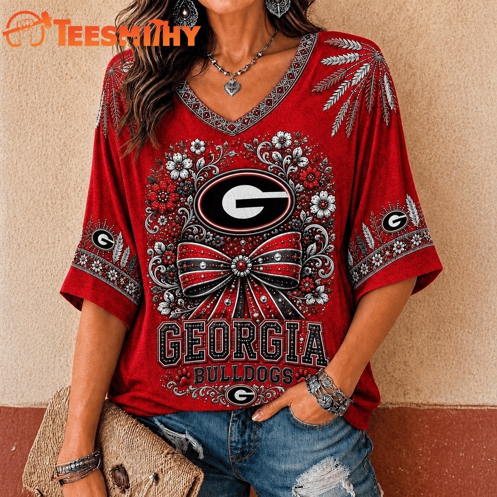 Georgia Bulldogs NCAA Vintage Floral Bow V Neck T Shirt