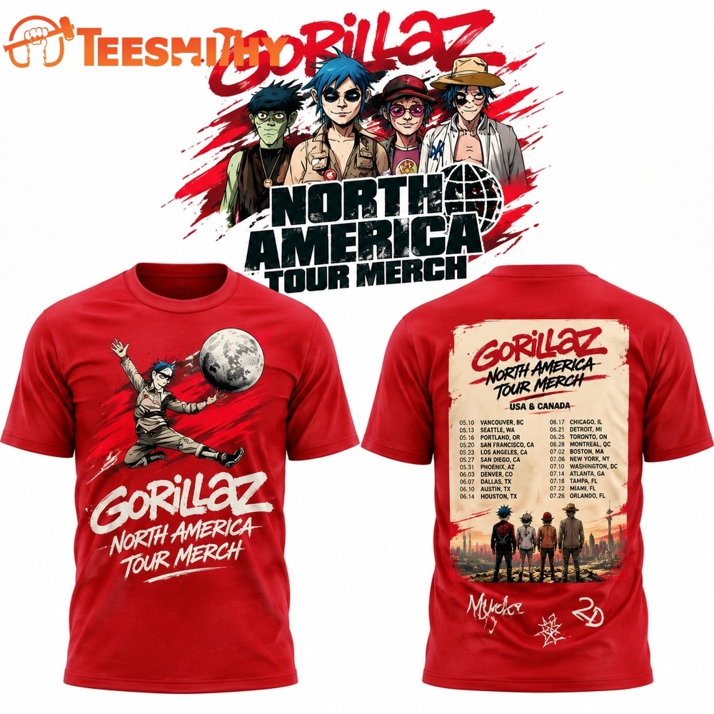 Gorillaz The North American Mountain Tour 2026 Limited Edition Red T Shirt