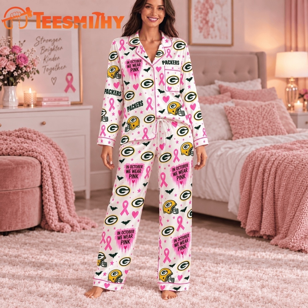 Green Bay Packers NFL Breast Cancer Pink Ribbon Long Sleeve Pajamas Set