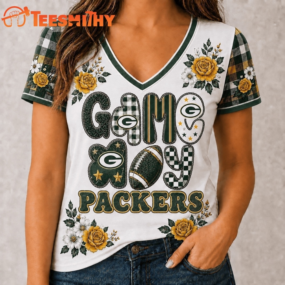 Green Bay Packers NFL Football Flowers Team Pride V Neck T Shirt