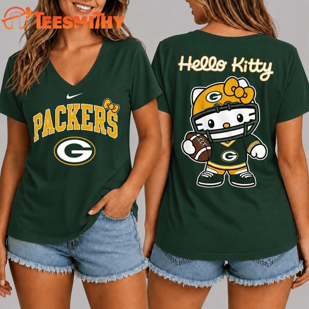 Green Bay Packers NFL Hello Kitty Football V Neck T Shirt