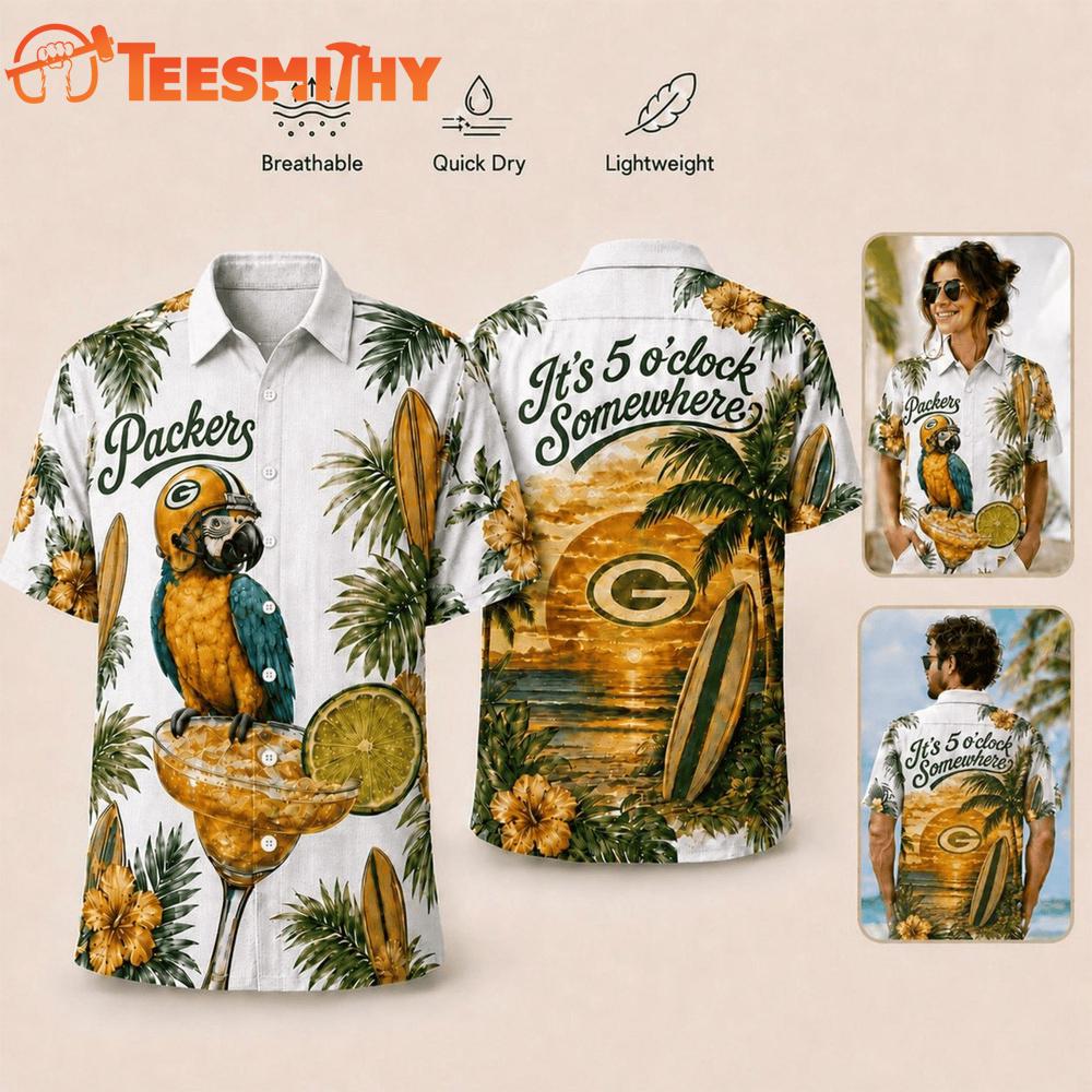 Green Bay Packers NFL It's 5 O'clock Somewhere Button Up Tropical Parrot Hawaiian Shirt
