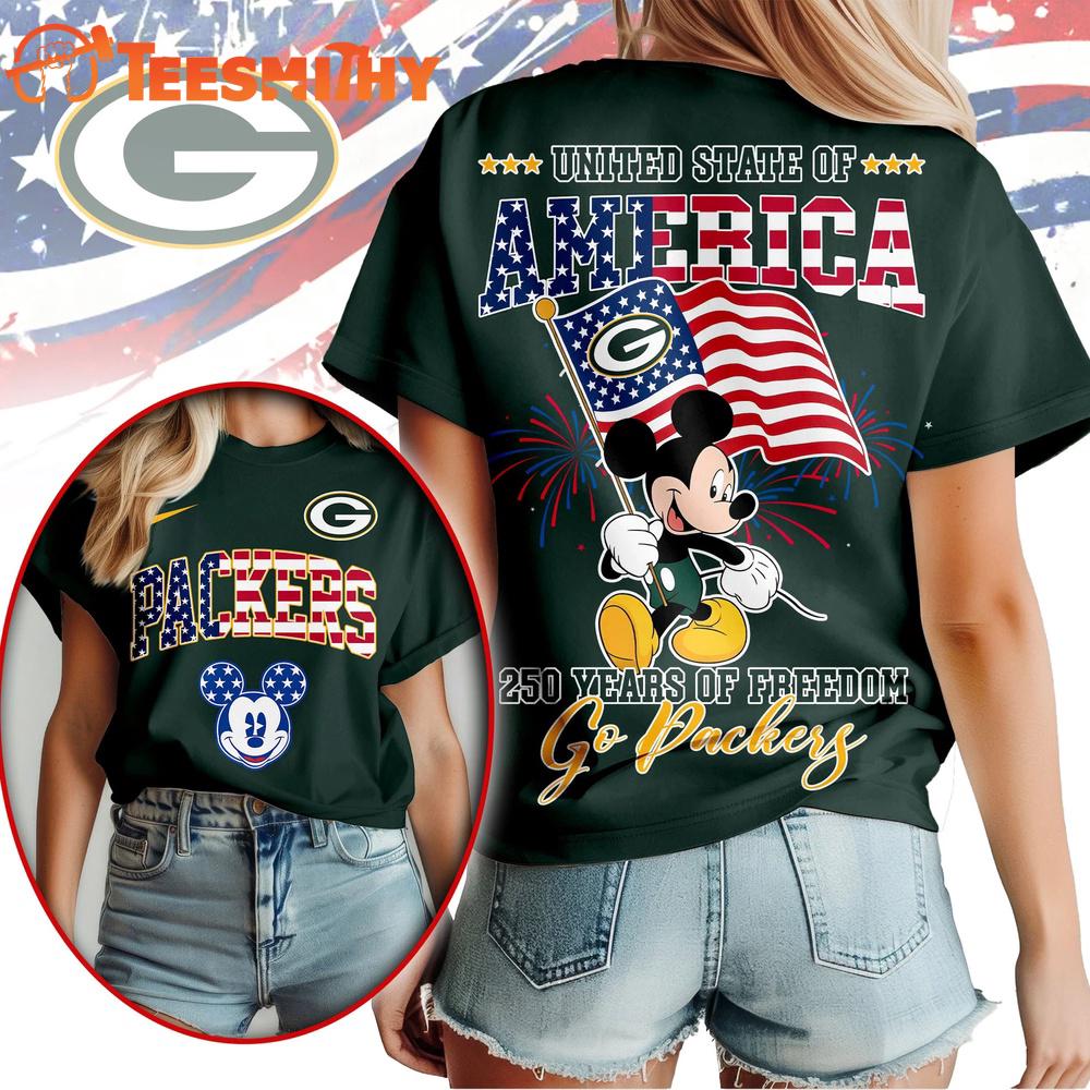 Green Bay Packers NFL Mickey America Flag Freedom 250 Years 3D T Shirt