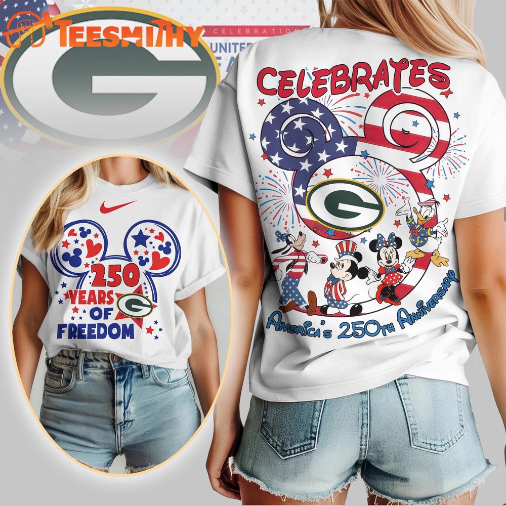 Green Bay Packers NFL Mickey Celebrates America 250th Anniversary All Over Print T Shirt