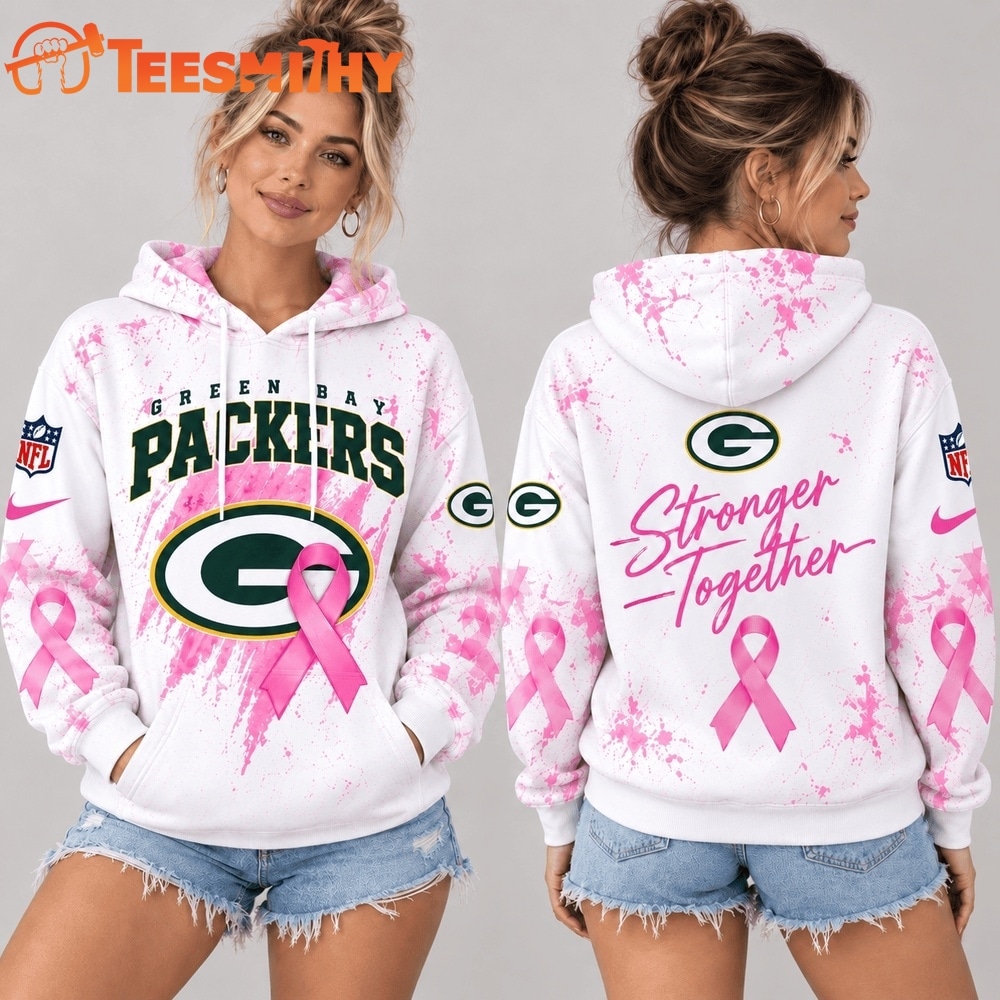 Green Bay Packers NFL Pink Ribbon Stronger Together Breast Cancer Awareness Hoodie