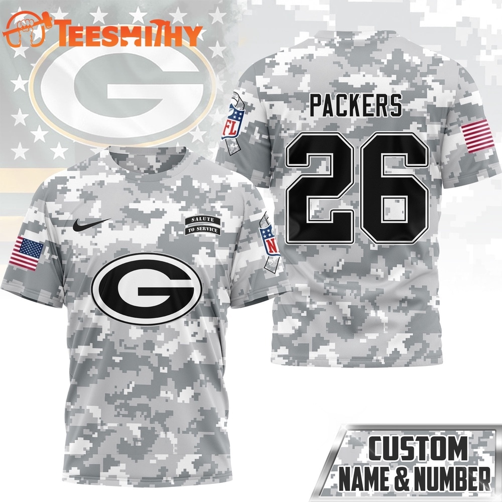 Green Bay Packers NFL Salute to Service Custom Name & Number Camo 3D Shirt
