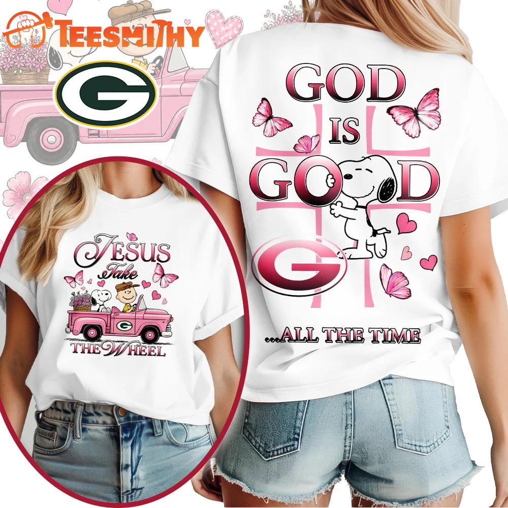 Green Bay Packers NFL Snoopy Jesus Take The Wheel God Is Good 3D Shirt