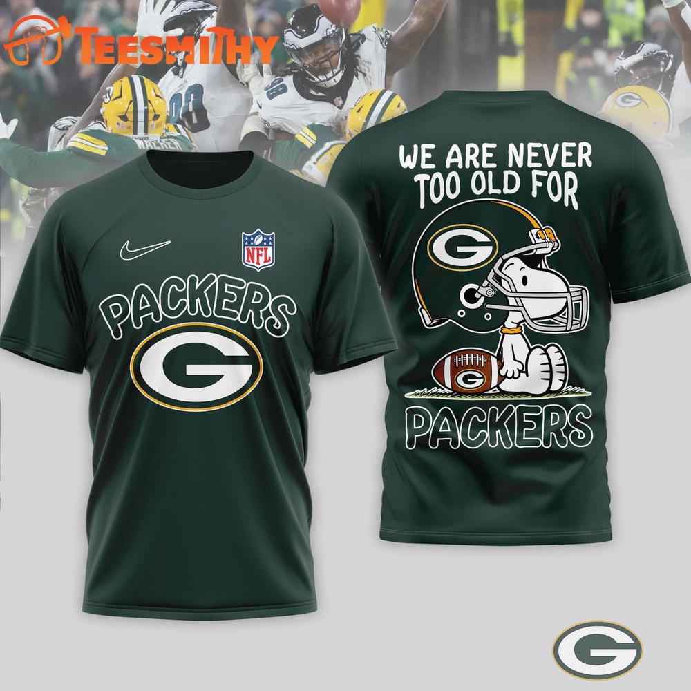 Green Bay Packers NFL Snoopy Never Too Old New Design 3D Shirt