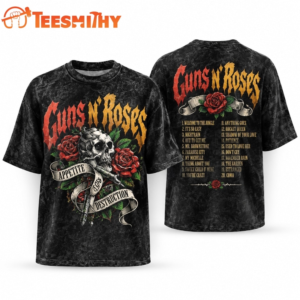Guns N Roses Appetite For Destruction Tracklist Back Print Vintage Rock T Shirt